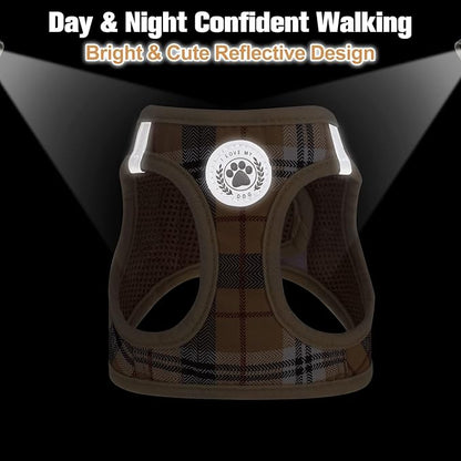 BEAUTYZOO Small Dog Harness and Leash Set,Step in No Choke No Pull Soft Mesh Dog Harnesses Reflective for Extra-Small/Small Medium Puppy Dogs and Cats, Plaid Dog Vest Harness for XS S Pets, Beige XL