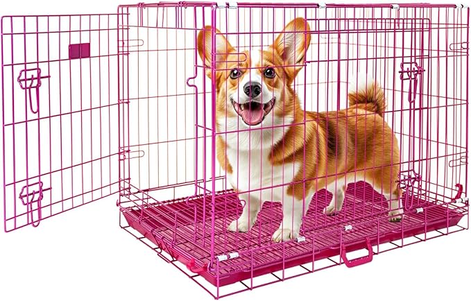 HOMEY PET 36 Inch Dog Crate, Cute Pink Dog Cage Collapsible Medium Dog Kennel Indoor, Nano-Coated Metal Wire Dog Crate with Removable Floor Grid Tray, Double Doors Dual Locks, Portable Handle