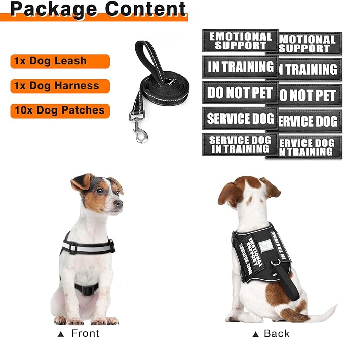 Service Dog Harness and Leash Set, Training Dog Vest with 10 Dog Patches, Emotional Support Therapy Dog Vest Harness for Small Medium Large and Extra Large Dogs(Black, XS)