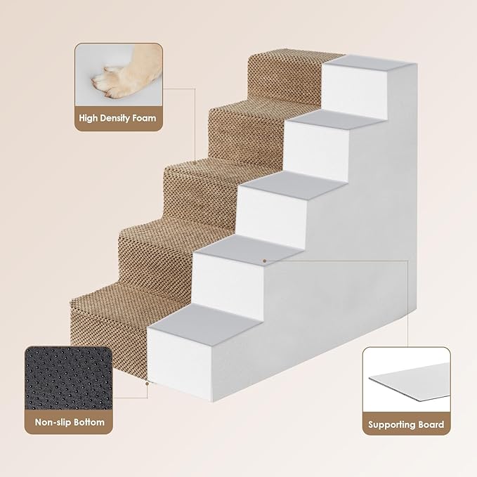 EHEYCIGA Dog Stairs for High Bed 22.5" H, 5-Step Dog Steps for Bed, Pet Steps for Small Dogs and Cats, Non-Slip Balanced Pet Ramp Indoor, Camel