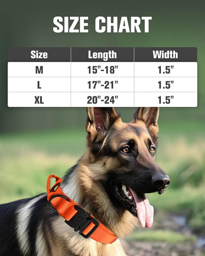 Joytale Tactical Dog Collar with Handle and Metal Buckle, Heavy Duty Padded Military Collar with 2 Patches for Training, Adjustable for Large Dogs, Orange, L