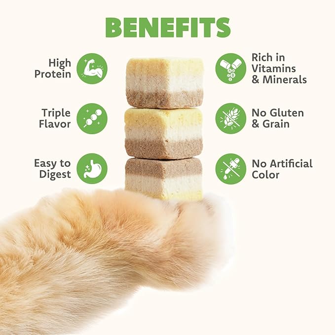 MON2SUN Triple-Layer Freeze Dried Cat & Dog Treats, Chicken, Egg & Chicken Liver Recipe Cube, Grain-Free High Protein Snacks, All Natural Food Topper or Training Rewards, 5.6oz