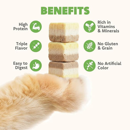 MON2SUN Triple-Layer Freeze Dried Cat & Dog Treats, Chicken, Egg & Chicken Liver Recipe Cube, Grain-Free High Protein Snacks, All Natural Food Topper or Training Rewards, 10.6oz