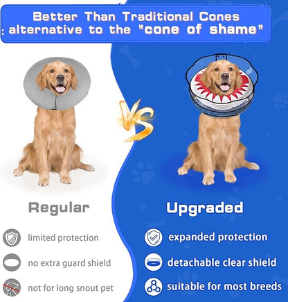 Inflatable Dog Cone Collar Soft Dog Cone Alternative After Surgery to Stop Licking for Large Medium Dogs Recovery Donut Cone Adjustable Neck Collar with Enhanced Anti-Licking Guard Shield,Shark Blue,L