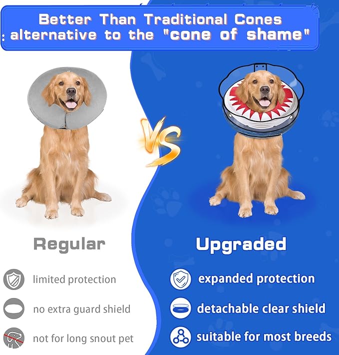Inflatable Dog Cone Collar Soft Dog Cone Alternative After Surgery to Stop Licking for Large Medium Dogs Recovery Donut Cone Adjustable Neck Collar with Enhanced Anti-Licking Shield,Shark Blue,XL