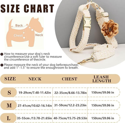 Dog Harness and Leash Set Metal Clasp Adjustable Cotton Embroidered No Pull for Dog Wedding Birthday Outfit,M
