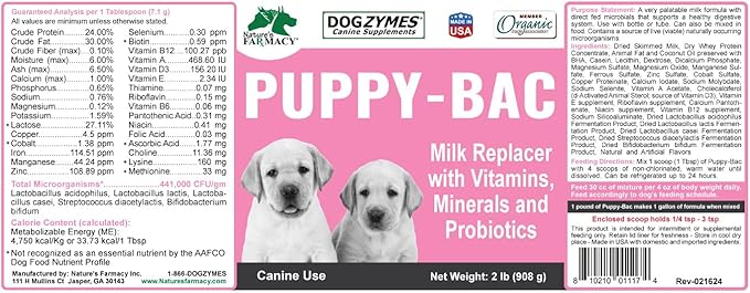 Dogzymes Puppy-Bac Milk Replacer formulated with The Proper ratios of Protein, Fat and nutrients for Growing Puppies (4 Pound)