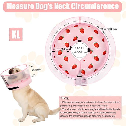 Inflatable Dog Cone Collar for Large Medium Small Dogs, Soft Dog Donut Collar Adjustable Recovery Cone for Pets After Surgery, Extra Enhanced Anti-Licking Guard Shield (Strawberry Print, X-Large)