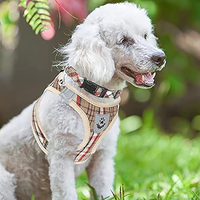 PUPTECK Adjustable Dog Harness Collar and Leash Set Step in No Pull Pet Harness for Small Medium Dogs Puppy and Cats Outdoor Walking Running, Soft Mesh Padded Reflective Vest Harnesses, Khaki XL