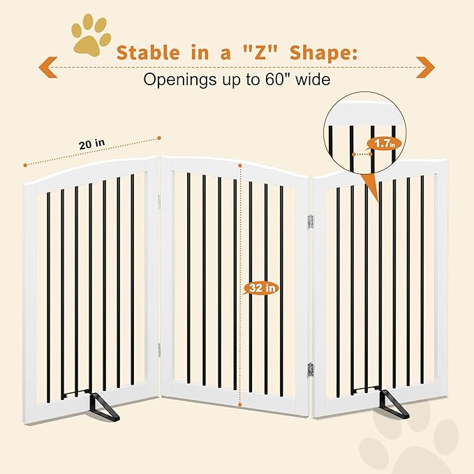 PUPETPO Freestanding Pet Gate for Dogs, Foldable Wooden Dog Gate for House Indoor, Tall Pet Fence for Stair, Doorway,Hall, Support Feet Included, 3 Panels 32",White