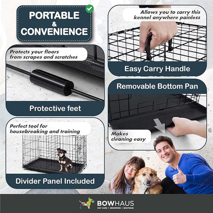 BOWHAUS Foldable Dog Crate Wire Metal Dog Kennel w/Divider Panel, Leak-Proof Pan & Protecting Feet, Single & Double Door, Small, Medium & Large Dog Crate Indoor Wire Dog Cage, 36” w/Double Doors