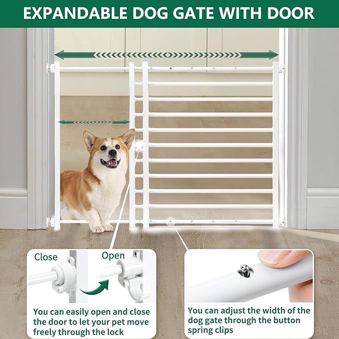 Malier Indoor Dog Gate with Door, 26-41" Extra Wide Full Metal Pet Gate Short Dog Gate for Stairs, Pressure Mount 24'' Tall Small Puppy Gate, Easy Step Over Low Gate for Doorways