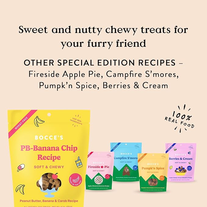 Bocce's Bakery PB Banana Chip Recipe Treats for Dogs, Wheat-Free Everyday Dog Treats, Real Ingredients, Baked in The USA, Natural Soft & Chewy Cookies, Peanut Butter, Bananas, & Carob, 6 oz