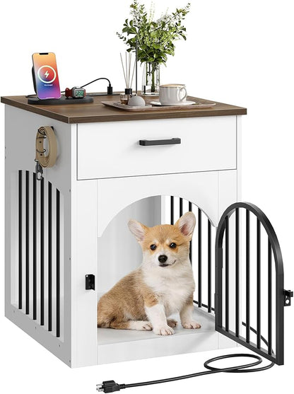 CHOEZON Dog Crate Furniture, Wooden Dog House with Charging Station and Storage Drawer, Indoor Pet Crate End Table for Small Breeds, Dog Kennel for Living Room, Bedroom, White and Walnut MGW01UWL