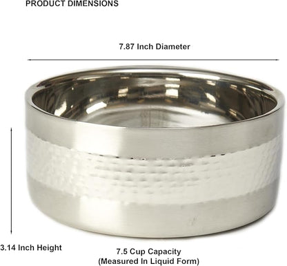 PetRageous 18437 Sanibel Stainless-Steel Hammered Double Walled Dog Bowl 7.87-Inch Width and 3.14-Inch Height 7.5-Cups Capacity, Metallic
