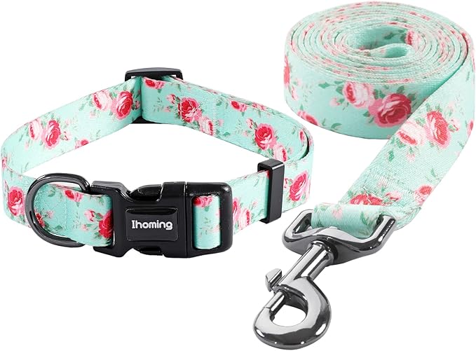 Ihoming Dog Collar and Leash Set for Daily Outdoor Walking Running Training, Floral Spring Design for Small Boys Girls Dogs Cats Pets, S-Up to 20LBS