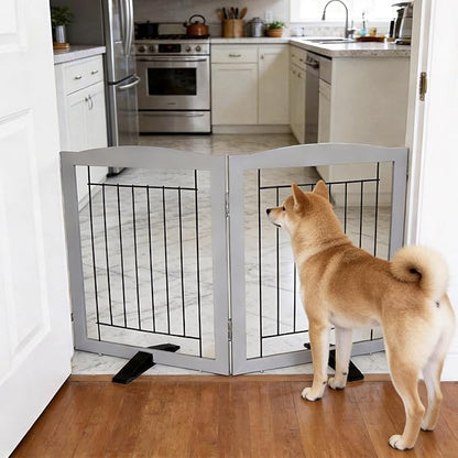 ZJSF Freestanding Dog Fence Indoor, Foldable Dog Gate for Doorways, Stairs or Hallways, Sturdy Wood Extra Wide Pet Gate with Support Feet for The House, Grey, 24 "Height-2 Panels