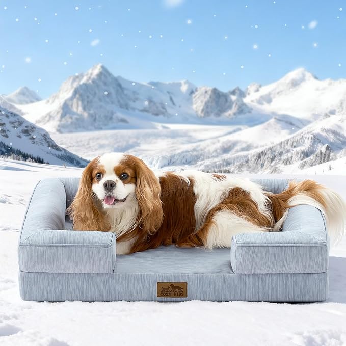 Cooling Dog Bed for Medium Small Size Dogs, Q-Max >0.4 Summer Cool Pet Bed, Orthopedic Foam Dog Sofa with Sides, Bolster Anti-Slip Couch with Washable Removable Cover, M 30x20x6 inch, Blue