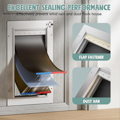 Dog Door for Door All Aluminum 3 Flaps White, Large Dog Doggy Doggie Door, Heavy Duty Pet Door for Dogs, with Insulation Flap and Lockable Closing Panel, Durable Rust Resistant, for Pets Up to 110lbs