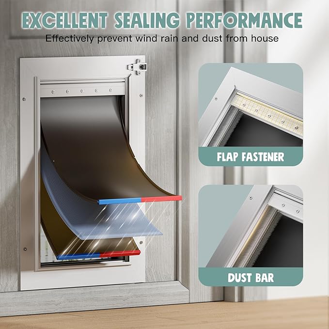 Cat Door Interior Door All Aluminum White 3 Flaps, for Exterior Door Small Cat Dog Doggy Doggie Door, Heavy Duty Pet Door, Insulation Flap, Lockable Closing Panel Telescoping Tunnel, Pets Up to 22lbs