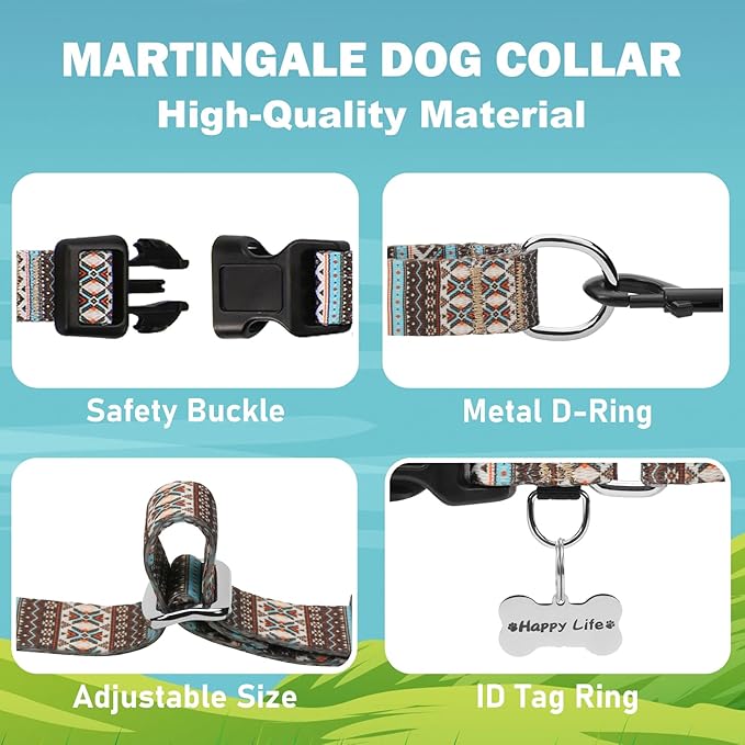 Martingale Dog Collar with Buckle Tribal Design Adjustable Escape Proof Pet Collars (Aztec, Large)