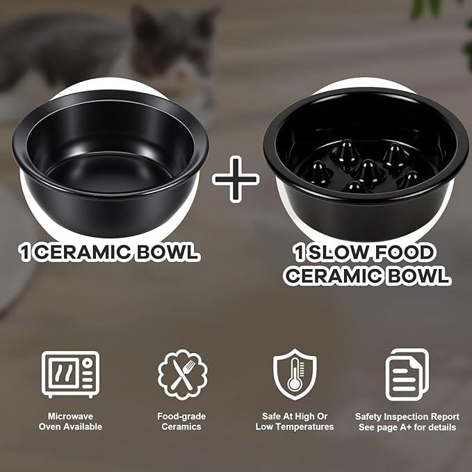 LEAWALK Upgraded Adjustable Height Cat Food Bowls Stand Ceramic Dog Bowls and Slow Feeder Cat Bowl, 15°Tilted Stand Anti Vomiting Raised for Small and Medium Sized Cats Dogs (Black (2 Bowl+Pet mat))