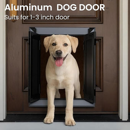 Aluminum Dog Door,French Style with Magnetic Flaps,with Aluminum Telescoping Tunnel Heavy-Duty Dog Door for Large and Medium Doggy Up to 110LBS (Large,Smoky Gray)