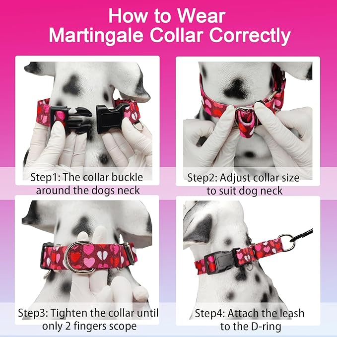 Pink Martingale Collar for Dogs with Buckle Adjustable Heart Valentines Dog Collars (Burgundy Love, Large)