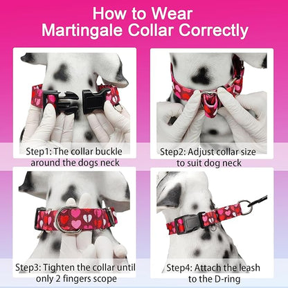 Pink Martingale Collar for Dogs with Buckle Adjustable Heart Valentines Dog Collars (Burgundy Love, Large)