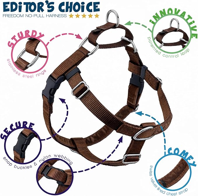 2 Hounds Design Freedom No Pull Dog Harness, Adjustable Harness, Easy Walking & Comfortable Control, Fits Small, Medium & Large Dogs, Solid Colors, Made in USA, 5/8" SM, Brown