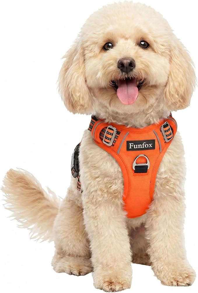 Funfox Dog Harness No Pull, Adjustable Pet Vest Harness, Super Soft Material with Vertical Handle Easy Control, Reflective Night Walking, 2 Leash Clips for Small Sized Dogs, Orange, S