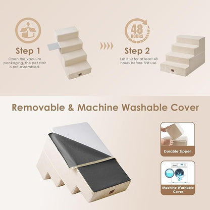 EHEYCIGA Dog Stairs for Bed 20" H, 4-Step Extra Wide Dog Steps for High Bed, Pet Steps for Small Dogs and Cats, Non-Slip Balanced Pet Ramp Indoor, Beige