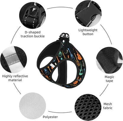 Dog Harness and Leash Set with Electric Guitars Music Pattern, Breathable Mesh Vest with Reflective Strips, Adjustable No Pull Pet Harness for Small Dogs and Cats Large
