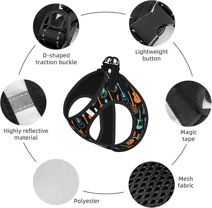 Dog Harness and Leash Set with Electric Guitars Music Pattern, Breathable Mesh Vest with Reflective Strips, Adjustable No Pull Pet Harness for Small Dogs and Cats Small