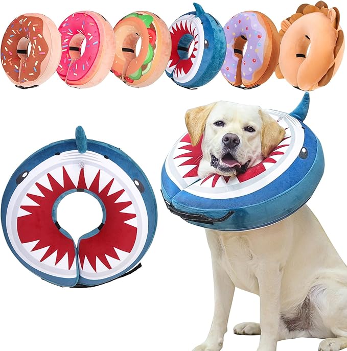 BEAUTYZOO Dog Cone Alternative After Surgery for Large Medium Small Dogs, Soft Inflatable Cone Collar for Dogs Cats, Pet Neck Donut E Collar Dog Recovery Collars to Stop Licking, Shark Blue, L