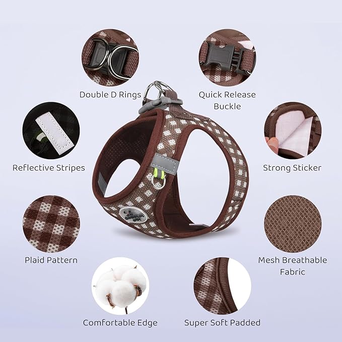 Soft Mesh Dog Harness and Leash Set, Step-in Escape Proof Vest Harnesses, Reflective Breathable Pet Harness Adjustable Plaid Pet Outdoor Harnesses for Medium Dogs, Chocolate L