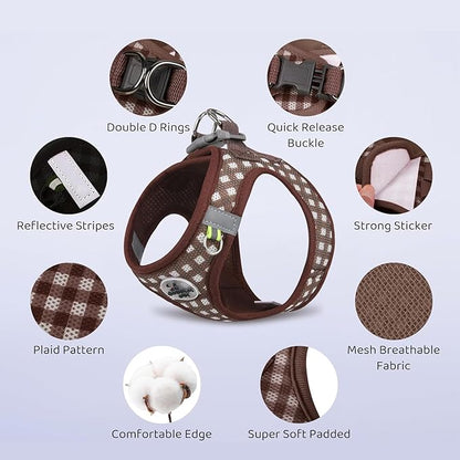 Soft Mesh Dog Harness and Leash Set, Step-in Escape Proof Vest Harnesses, Reflective Breathable Pet Harness Adjustable Plaid Pet Outdoor Harnesses for Medium Dogs, Chocolate L