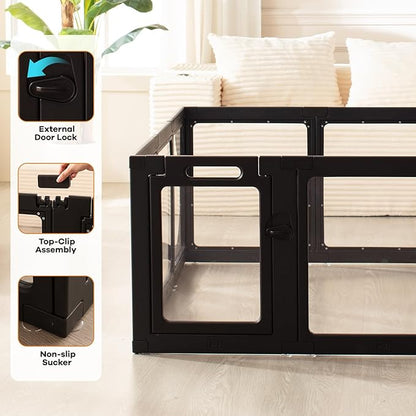 Clear Acrylic Dog Playpen Indoor, Puppy Cat Small Pet Play Pen, Pet Cat Playpen for Rabbits, Dog Fence Crate Kennel Whelping Cage (Black, 8 Panel)