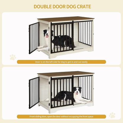 Hzuaneri 39.4" Heavy Duty Dog Crate Furniture with Barn Door, Wood Indoor Dog Crate Kennel for Small/Medium/Large Dogs, End Side Table, TV Stand, Anti-Chew Anti-Escape, White Brown DFC02314B