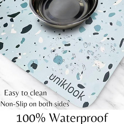 Large Pet Placemat Food & Water, Dog Cat Food Mat for Pet Bowls 28" X 16.5" Waterproof Easy to Clean Dog Mat for Bowl Food Water Terrazzo Blue Uniklook