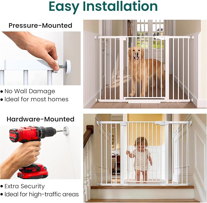 Cumbor 36" Extra Tall Baby Gate, 30-54" Wide Dog Gates for Large Dogs, Dual Lock & Self-Closing Child Gate for Stairs, Doorways & Hallways, Pressure Mounted Safety Proofing for Babies & Pets, White