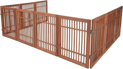 Urnporium Freestanding Wooden Dog Gate Foldable Indoor Pet Gate No Drill Expandable Barrier for Doorways Stairs Hallway Portable Wood Fence for Small Dogs & Puppies (Brown Pet Gate, 10 Panel 24" Tall)