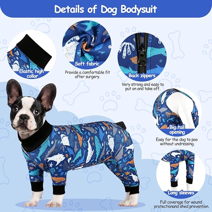 Etdane Dog Surgery Suit Recovery Suit for Dogs Female Spay, Male Neuter Dog Onesie After Surgery Surgical Bodysuits Anti Shedding Suit Sharks/S
