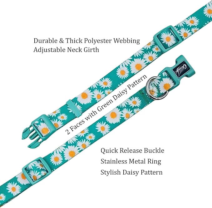 Dog Collar and Leash Set, Cute Daisy Pattern, Polyester Material, 5ft Leash, for Large Dogs.(Large,Green Daisy)