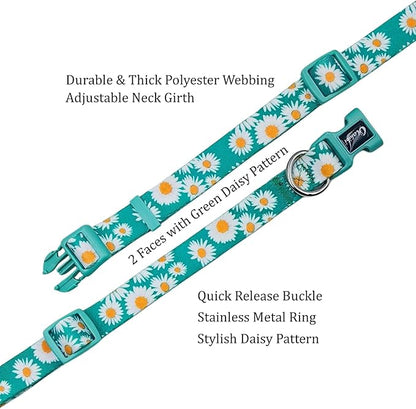 Dog Collar and Leash Set, Cute Daisy Pattern, Polyester Material, 5ft Leash, for Small Dogs.(Small,Green Daisy)