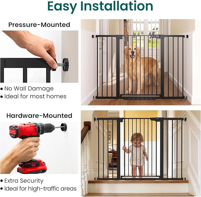 Cumbor 36" Extra Tall Baby Gate, 30-54" Wide Dog Gates for Large Dogs, Dual Lock & Self-Closing Child Gate for Stairs, Doorways & Hallways, Pressure Mounted Safety Proofing for Babies & Pets, Black