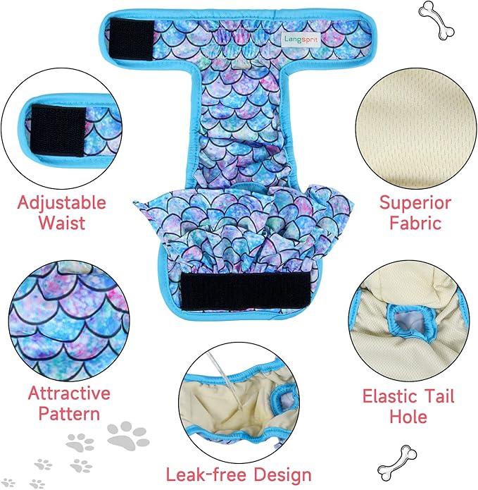 Langsprit Female Dog Diapers (3 Pack) - No Leak Washable, Highly Absorbent for Dogs in Heat, Incontinence, Excitable Urination or Period - Reusable, Size S