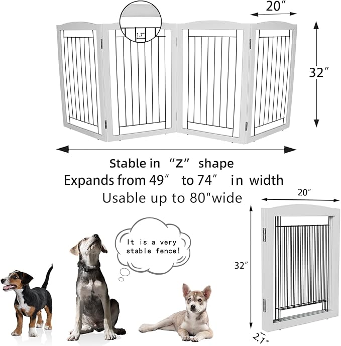 ZJSF Freestanding Foldable Dog Gate - Extra Wide White Puppy Gate for Stairs & Doorways - Tall 4 Panels Wooden Pet Fence
