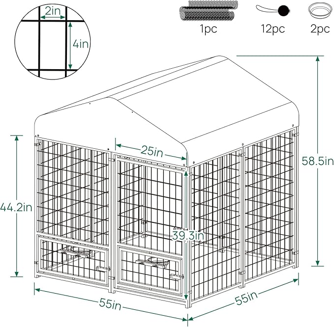 Dog Kennel Outdoor 4.5 x4.5 x4.9 ft with Roof and Rotating Bowl Holders, Large Metal Dog Enclosure, Heavy Duty Dog House Built with Robust 4mm Diameter Wire (4.5'L x 4.5'W x 4.9'H)