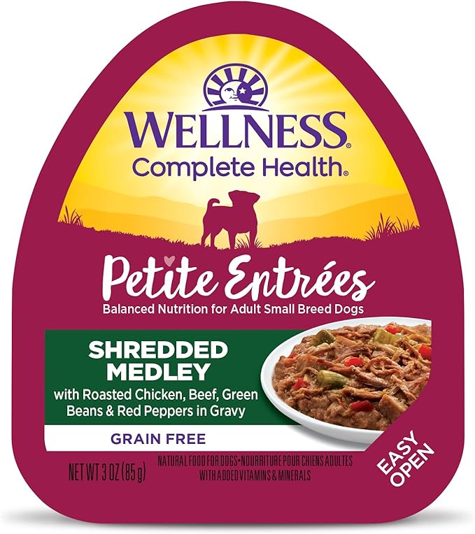 Wellness Petite Entrees Shredded Medley Small Breed Adult Wet Dog Food, Grain Free, Natural, Roasted Chicken, Beef, Green Beans, and Red Peppers, 3 oz, Pack of 12 Cups